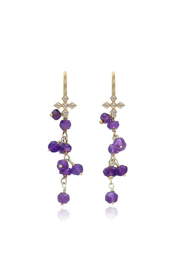 Amethyst Earring - Wire Wrap Dangle - 925 Sterling Silver 18K Gold Plated.