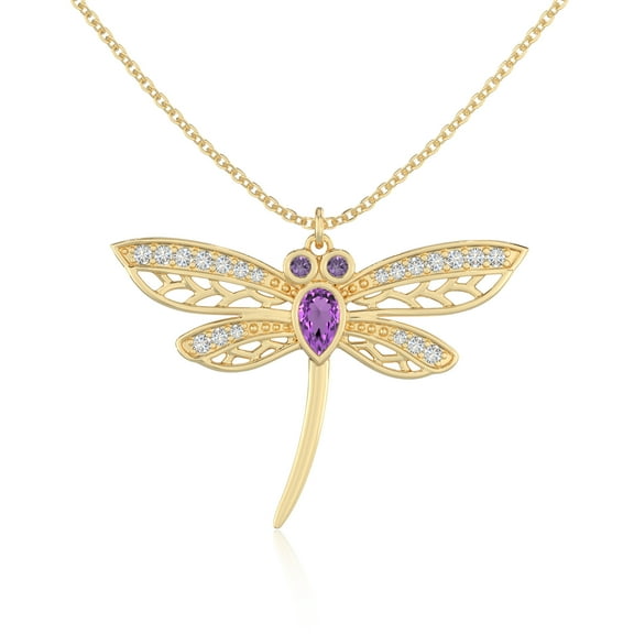 Natural Amethyst with Moissanite Dragonfly Shape Pendant Necklaces for Women in 18K Yellow Gold Vermeil,February Birthstone Jewelry Gift Her Birthday,Anniversary,Mothers Day,Christmas,Valentines
