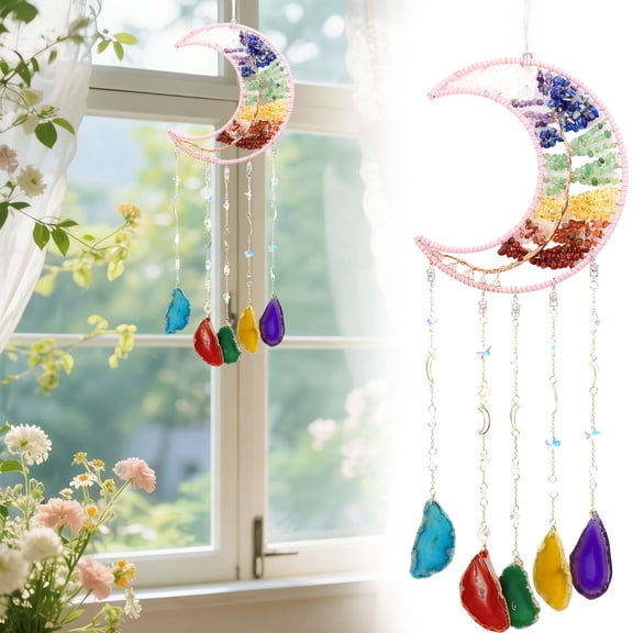 Natural Amethyst Moon Window Hanging, Crystal Wind Chimes Rainbow Maker, Good Luck Healing Home & Garden Decor