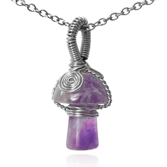 Natural Amethyst Mushroom Pendant Necklace - Wire Wrapped Crystal Purple Stone Pendant Necklace for Women, Wire Wrapped Crystal Healing Stone Jewelry for Women