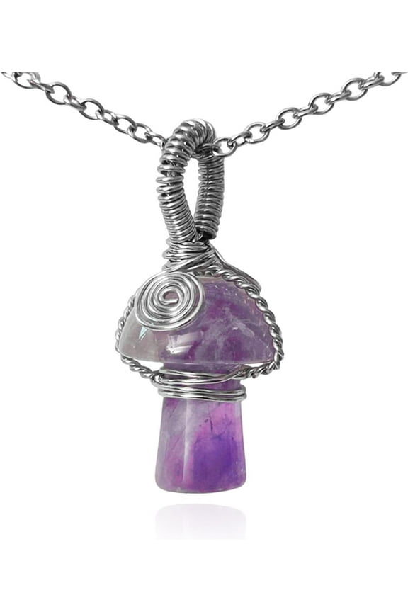 Natural Amethyst Mushroom Pendant Necklace - Wire Wrapped Crystal Purple Stone Pendant Necklace for Women, Wire Wrapped Crystal Healing Stone Jewelry for Women