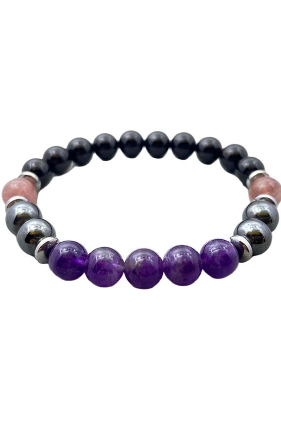 Natural Amethyst, Onyx, Hematite & Quartz 8mm Round Shape Smooth Cut Beads Stretchable Bracelet For Men & Women. Unisex Bracelet