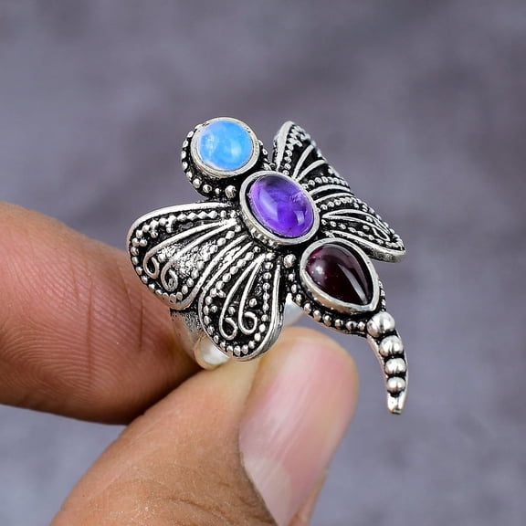 Natural Amethyst, Opal Gemstone Handmade 925 Sterling Silver Ring Size 9