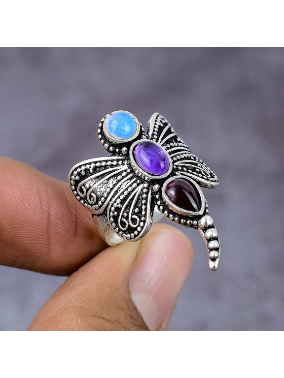Natural Amethyst, Opal Gemstone Handmade 925 Sterling Silver Ring Size 9