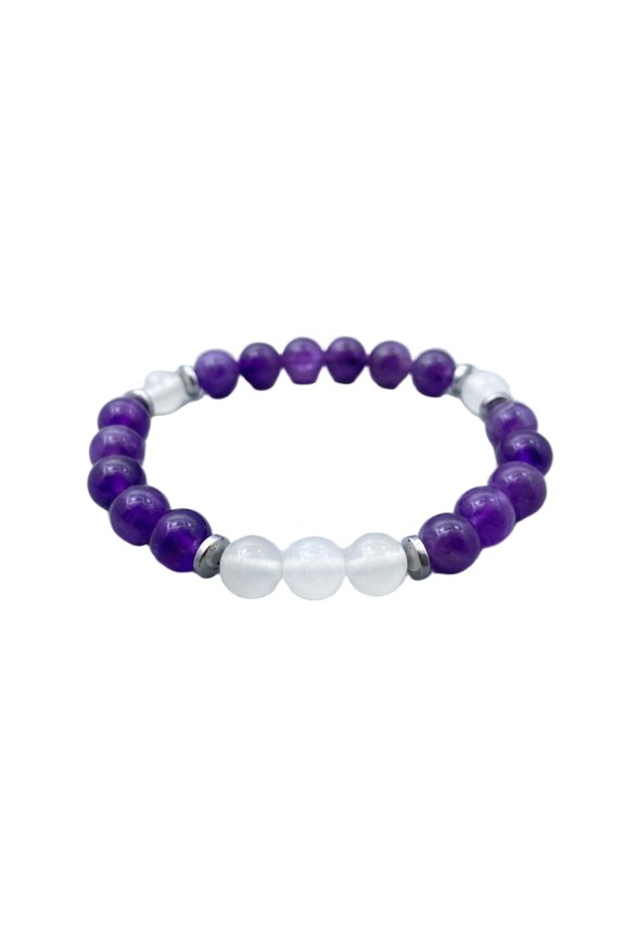 Natural Amethyst & Opalite 8mm Round Shape Smooth Cut Beads Stretchable Bracelet For Men & Women. Unisex Bracelet