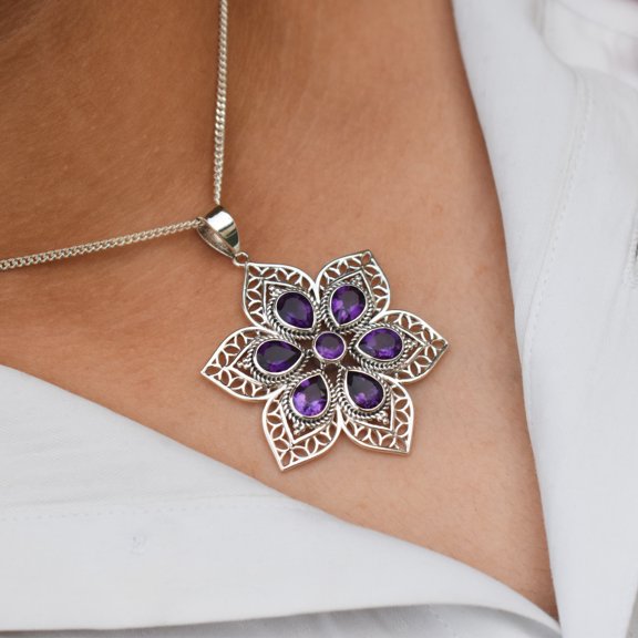 Natural Amethyst Pendant, 925 Sterling Silver Jewelry, Flower Jewelry, Gift for mom