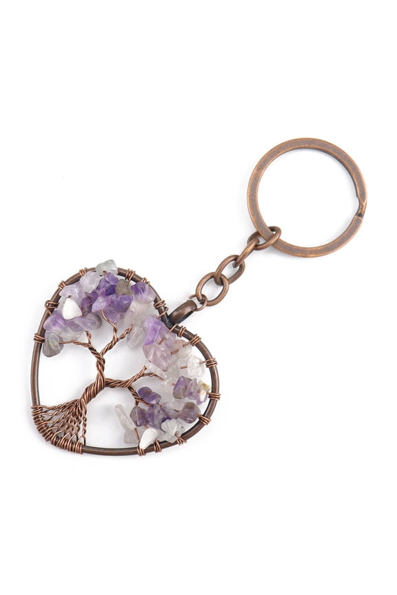 Natural Amethyst Pendant Keychains with Brass Findings and Alloy Key Rings Heart with Tree of Life 10.7cm