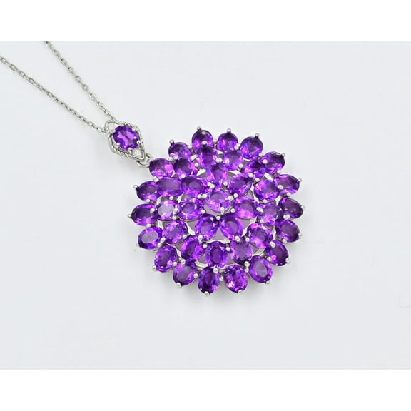 Natural Amethyst Pendant Necklace for Women in 925 Sterling Silver, 40 Stones 4x5mm, Floral Design, Includes 22-Inch Silver Chain