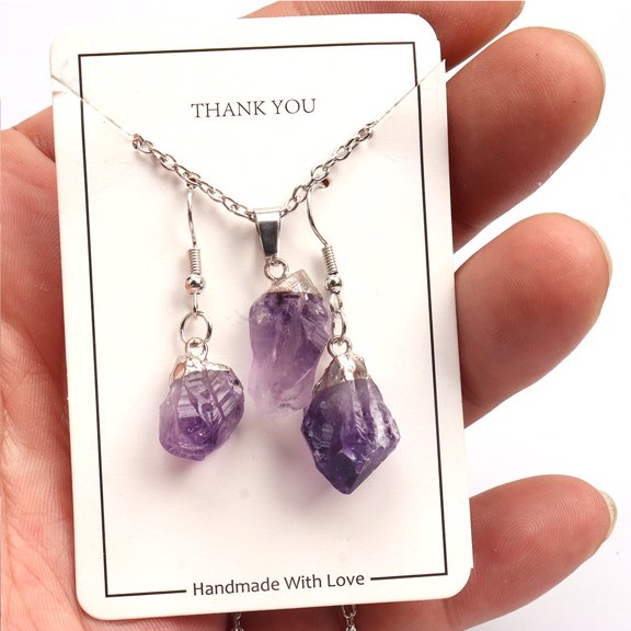 Natural Amethyst Pendant Necklaces & Dangle Earrings Sets Alloy Jewelry Sets Platinum 18.50 inch(470mm)