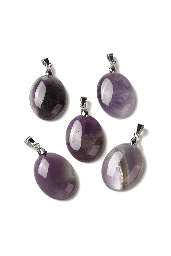 Natural Amethyst Pendants Oval Charms with Rack Plating Platinum Plated Brass Snap on Bails 30x21.5-22x6-6.5mm Hole: 6x4mm