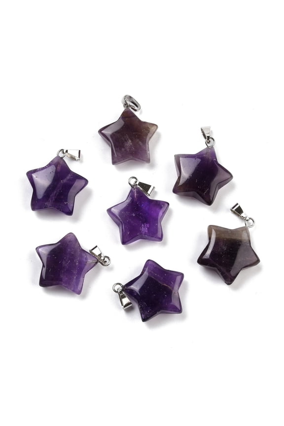 Natural Amethyst Pendants Pendants with Platinum Tone Brass Findings Star 23.5x20.5x7.5mm