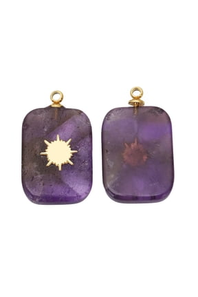 Natural Amethyst Pendants Rectangle Charms with Golden Tone Stainless Steel Sun Slice 21.5x13mm Hole: 1.5mm diy