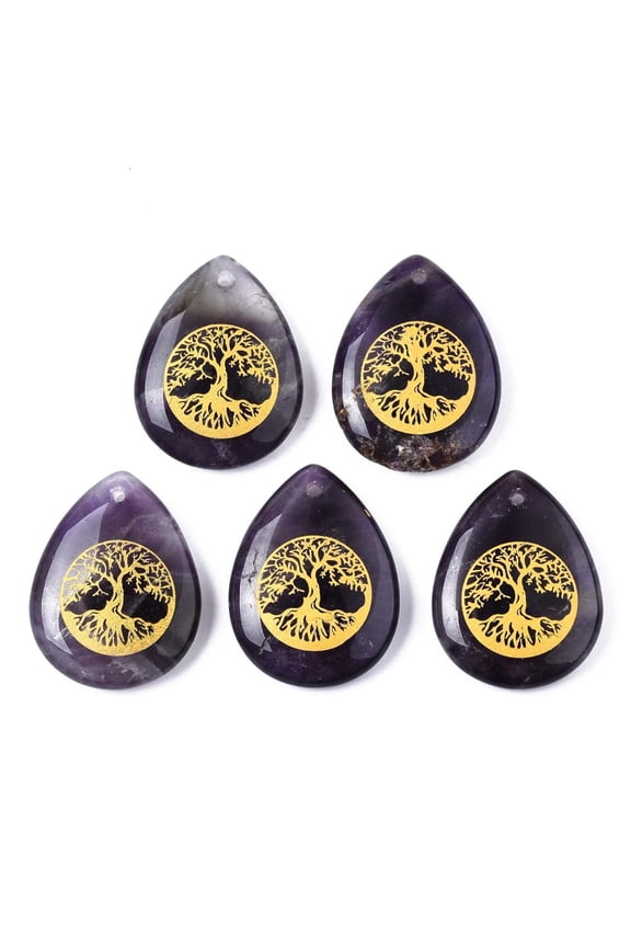 Natural Amethyst Pendants Teardrop with Tree of Life Pattern 32~33.5x25~26x6.5~7.5mm Hole: 2mm 6pcs/bag DIY