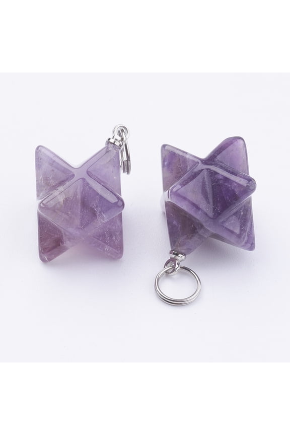 Natural Amethyst Pendants with 201 Stainless Steel Split Rings Star 23~24x17~17.5x20mm Hole: 6mm