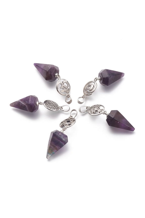 Natural Amethyst Pendants with Platinum Brass Snap on Bails Votex/Om Symbol/Tree of Life/Flower of Life/Star of David Cone Pendulum 48mm Hole: 8mm