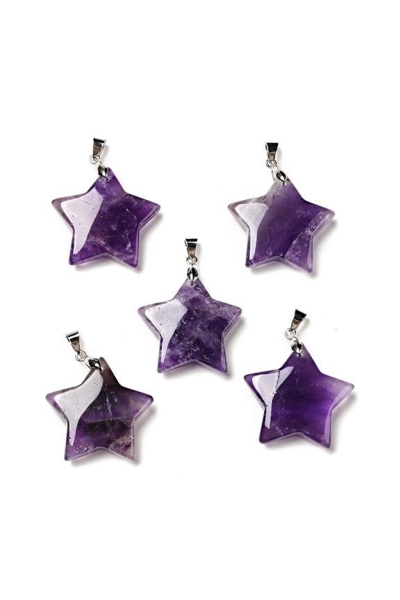 Natural Amethyst Pendants with Platinum Tone Brass Findings Star Charm 29x30x8mm Hole: 6x4mm
