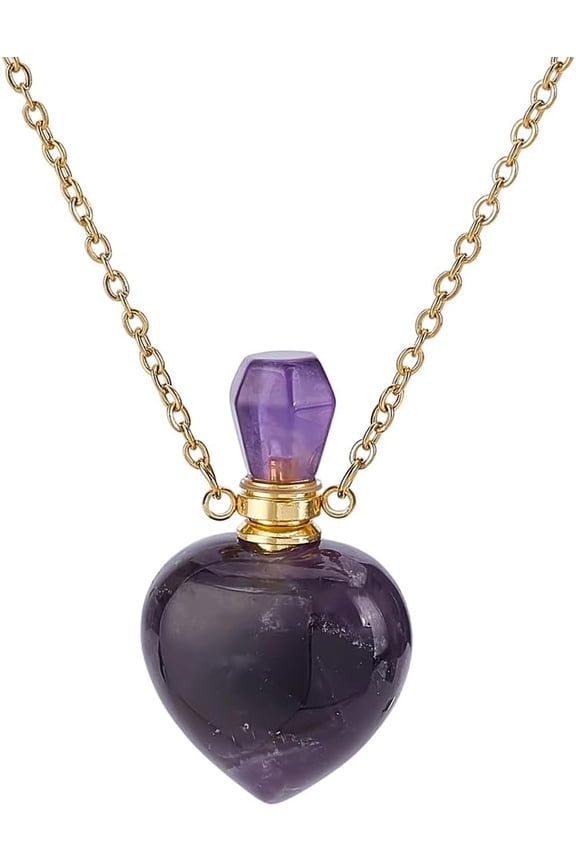 Natural Amethyst Perfume Bottle Necklace Heart Shape Essential Oil Diffuser Bottle Real Amethyst Stone Necklace Golden Chain for Women Jewelry Purple 1 Piece