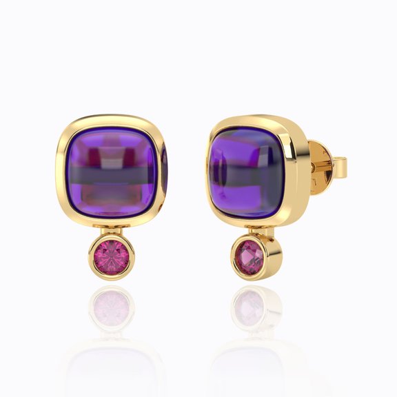 Natural Amethyst & Pink Tourmaline Stud Earrings | 14K Gold Plated Gemstone Jewelry
