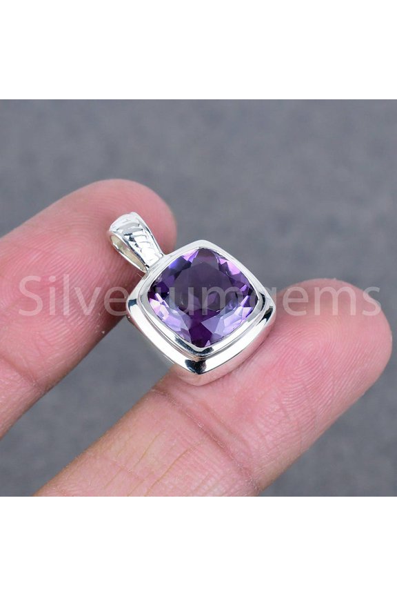 Natural Amethyst Pixel Cut Gemstone Pendant, Fantasy Cut Stone, 925 Sterling Silver, Solitaire Art Deco Pendant, Anniversary Gifts, #Sh719