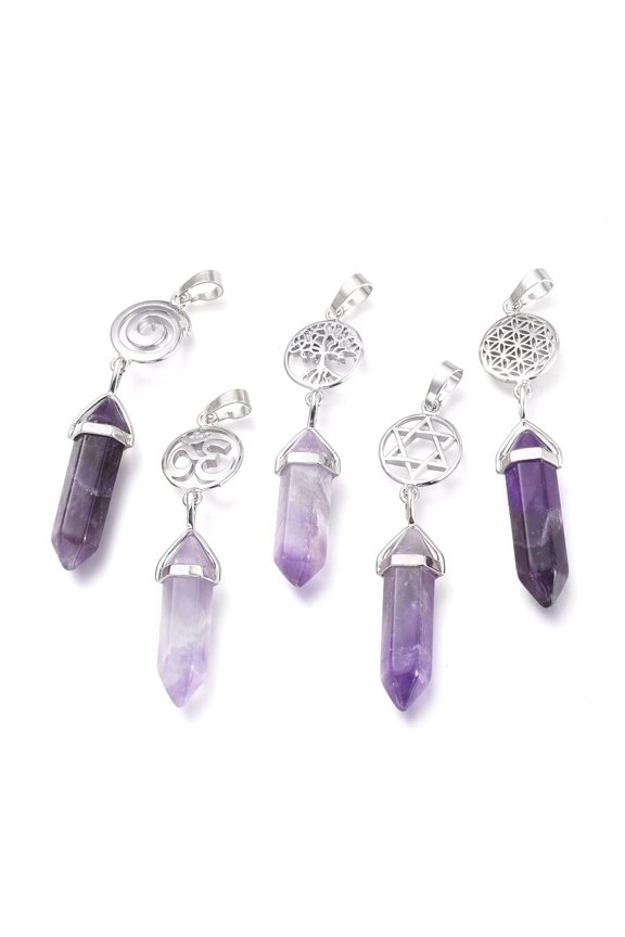 Natural Amethyst Pointed Big Pendants Double Terminated Pointed with Platinum Plated Brass Findings Faceted 59~67x14~15mm Hole: 7x5mm Gemstone: 41~44x8mm