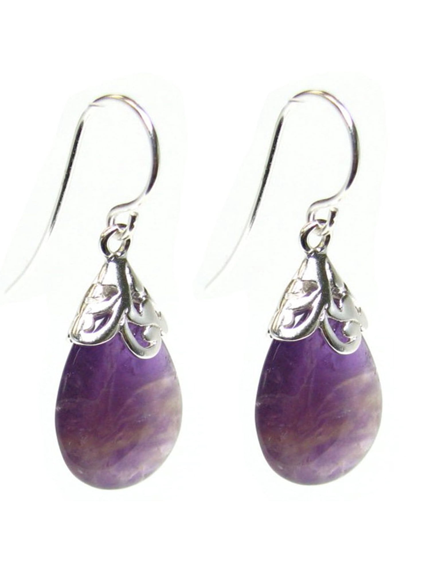 Natural Amethyst Purple Teardrop Sterling Silver Filigree Flower Bail and French Hook Earwires Dangle Earrings