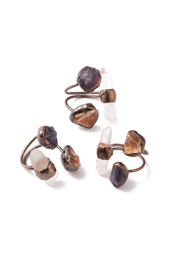 Natural Amethyst & Quartz Irregular Nugget Open Cuff Ring Red Copper Brass Chunky Ring for Women Cadmium Free & Lead Free US Size 9 3/4(19.5mm)