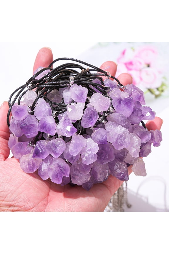 Natural Amethyst Raw Rough Pendant Necklaces with Leather Cord 17.72 inch(45cm)