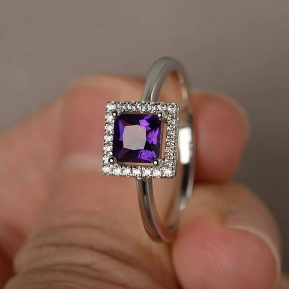 Natural Amethyst Ring Promise Ring Square Cut Purple Gemstone Ring February Birthstone Sterling Silver Ring