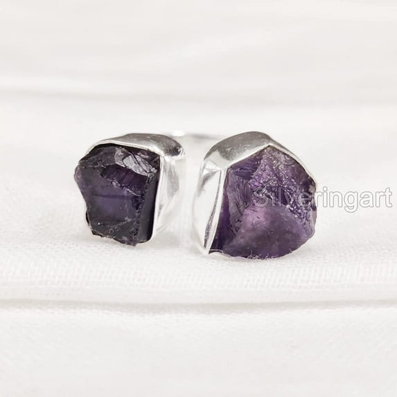 Natural Amethyst Ring, Raw Amethyst Adjustable Ring, Feb Birthstone, Double Stone, 925 Sterling Silver, Womens Ring, Christmas, Thanksgiving, Handmade, Statement Jewelry, Rough Gemstone Jewelry