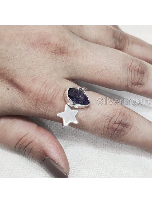 Natural Amethyst Ring, Raw Amethyst Adjustable Ring, Feb Birthstone, Star Ring, 925 Sterling Silver, Womens Ring, Christmas, Thanksgiving, Handmade, Statement Jewelry, Rough Gemstone Jewelry