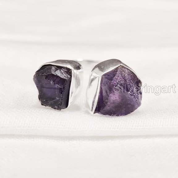 Natural Amethyst Ring, Raw Amethyst Adjustable Ring, Feb Birthstone, Double Stone, 925 Sterling Silver, Womens Ring, Christmas, Thanksgiving, Handmade, Statement Jewelry, Rough Gemstone Jewelry