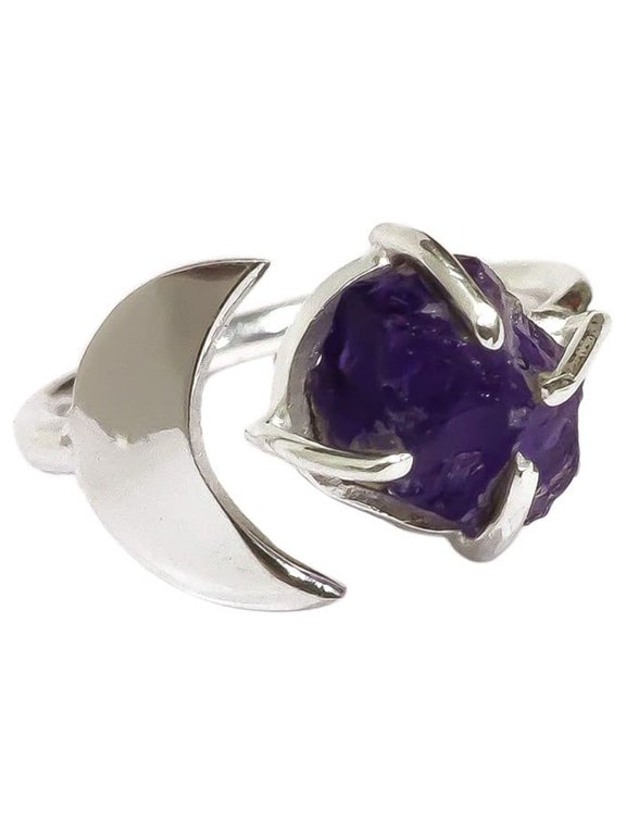 Natural Amethyst Ring, Raw Amethyst Gemstone Ring, Feb Birthstone, Crescent Moon, 925 Sterling Silver, Womens Ring, Christmas, Thanksgiving, Handmade, Statement Jewelry, Rough Gemstone Jewelry