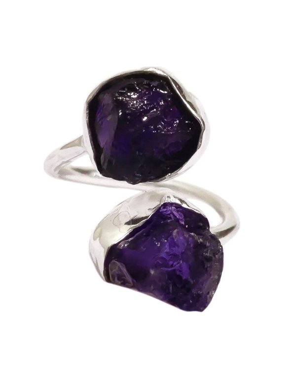 Natural Amethyst Ring, Raw Amethyst Gemstone Ring, Feb Birthstone, Double Stone, 925 Sterling Silver, Womens Ring, Christmas, Thanksgiving, Handmade, Statement Jewelry, Rough Adjustable Jewelry