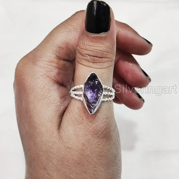 Natural Amethyst Ring, Rough Amethyst Gemstone Ring, Feb Birthstone, Doted Band, 925 Sterling Silver, Womens Ring, Christmas, Thanksgiving, Handmade, Statement Jewelry, Rough Gemstone Jewelry