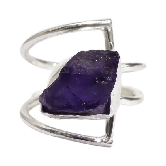 Natural Amethyst Ring, Rough Amethyst Gemstone Ring, Feb Birthstone, Double Band, 925 Sterling Silver, Womens Ring, Christmas, Thanksgiving, Handmade, Statement Jewelry, Rough Gemstone Jewelry