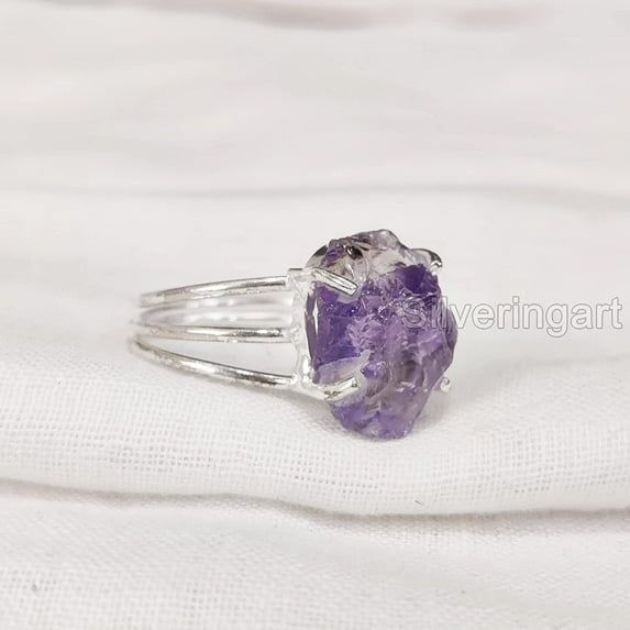 Natural Amethyst Ring, Rough Amethyst Gemstone Ring, February Birthstone, 3 Plain Band, 925 Sterling Silver, Womens Ring, Christmas, Thanksgiving, Handmade, Statement Jewelry, Rough Gemstone Jewelry