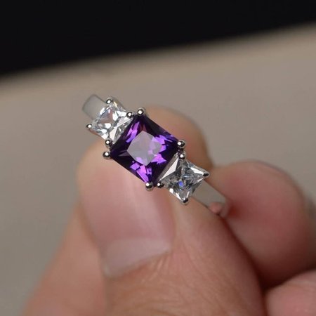 Natural Amethyst Rings Princess Cut Purple Gemstone Rings February Birthstone 925 Silver Rings Vintage Ring