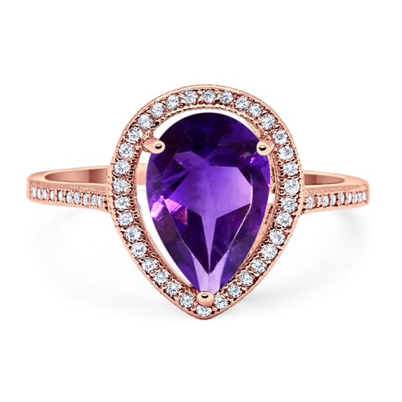 Natural Amethyst Rose Tone Silver Size-10 Art Deco Pear Teardrop Vintage Style Cocktail Ring Halo CZ Wedding Engagement Ring 925 Sterling Silver Gift For Her