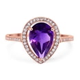 thumbnail image 1 of Natural Amethyst Rose Tone Silver Size-9 Art Deco Pear Teardrop Vintage Style Cocktail Ring Halo CZ Wedding Engagement Ring 925 Sterling Silver Gift For Her, 1 of 6