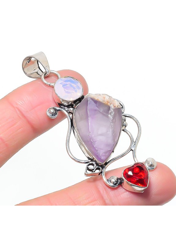 Natural Amethyst Rough, Opal 925 Sterling Silver Jewelry Pendant 2.60"