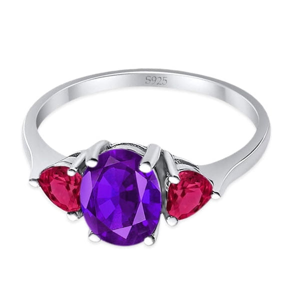 Natural Amethyst Size-5 Three Stone Oval Trio Ring Two Heart Ruby CZ Wedding Engagement Ring 925 Sterling Silver Gifts For Her