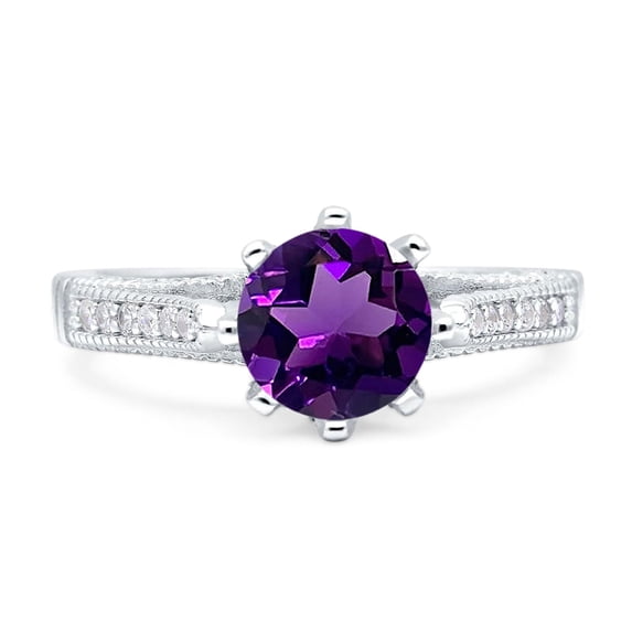 Natural Amethyst Size-9 Art Deco Round Cathedral Ring Classic Vintage Style CZ Wedding Engagement Ring For Women 925 Sterling Silver Gifts For Her