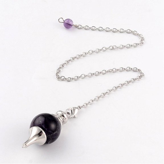 Natural Amethyst Sphere Dowsing Pendulums with Platinum Tone Brass Chain Lobster Claw Clasps 225-240mm