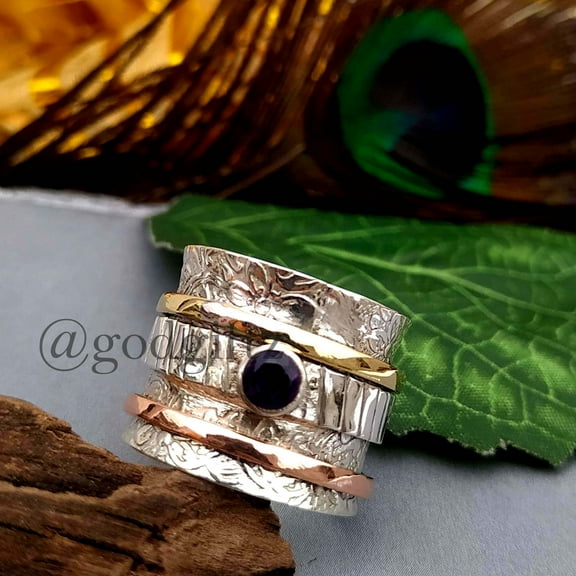 Natural Amethyst Spinner Ring, 925 Sterling Silver Designer Ring, Handicraft Designer Band, Handmade Three Tone Spinner Ring, Wadding Ring