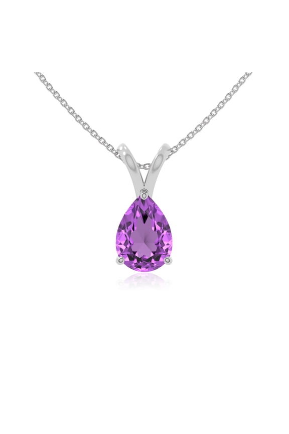 Natural Amethyst V-Bale Solitaire Pear Pendant Necklaces for Women in Sterling Silver,February Birthstone Jewelry Gifts for Her Birthday,Wedding Anniversary, Party, Mothers Day,Christmas, Valentines