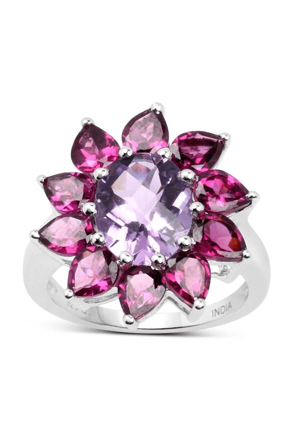 Natural Amethyst and Rhodolite Floral Ring