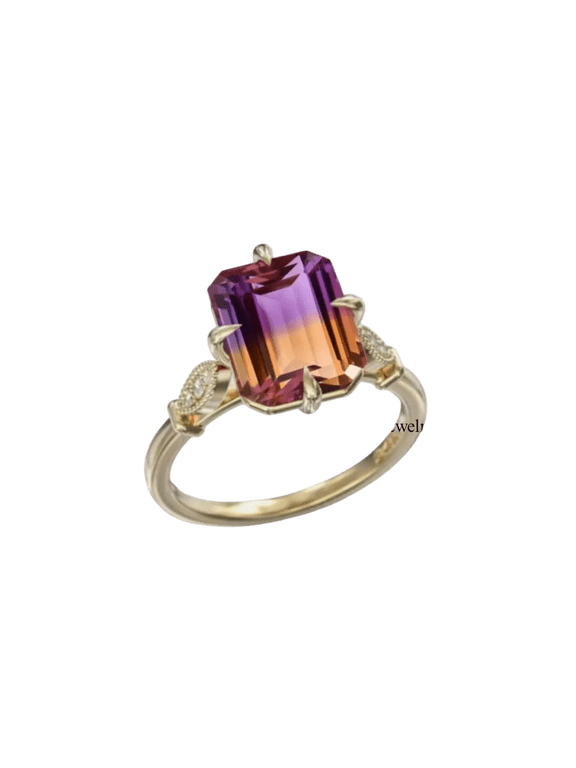 Natural Ametrine Emerald Cut Gemstone Unique Women's Statement Ring 925 Sterling Silver Elegant Jewelry for Special Occasions Black Vermeil 13.5