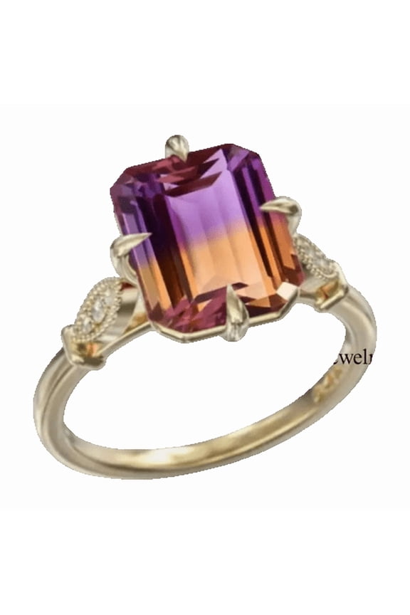 Natural Ametrine Emerald Cut Gemstone Unique Women's Statement Ring 925 Sterling Silver Elegant Jewelry for Special Occasions Gold 7