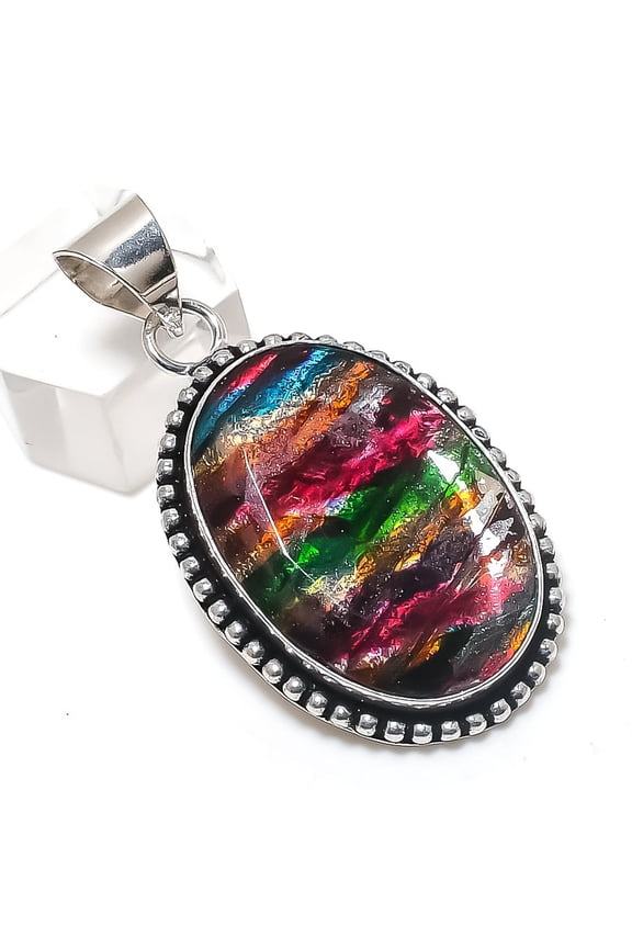 Natural Ammolite Gemstone 925 Sterling Silver Jewelry Pendant 1.97"