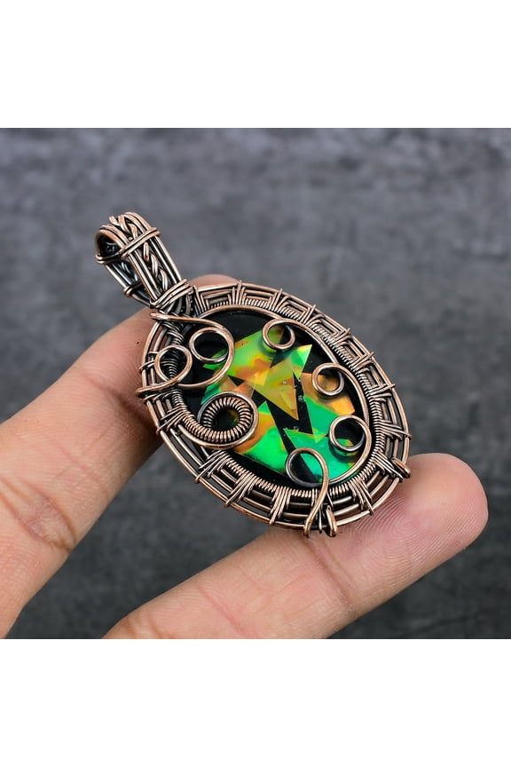 Natural Ammolite Gemstone Copper Wire Wrap Gift Jewelry Pendant 2.56"